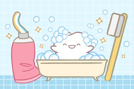 cute cartoon tooth with brush on the blue backgroundのイラスト素材