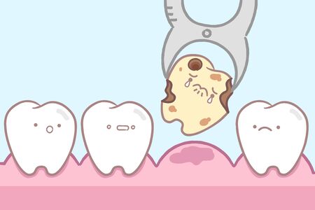 cute cartoon tooth with dental care on the blue backgroundのイラスト素材