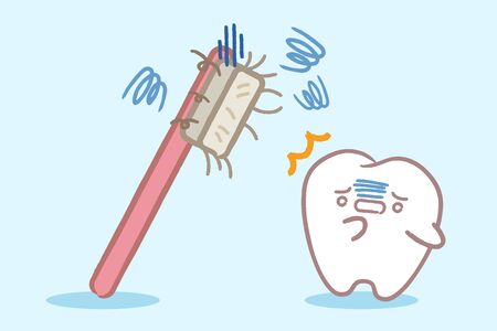 cute cartoon healthy teeth with bad toothbrush on blue backgroundのイラスト素材