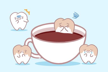 cute yellow cartoon tooth in cup of coffeeのイラスト素材