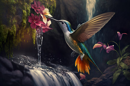 Hummingbird flying over waterfall with exotic flowers. 3D renderingの素材