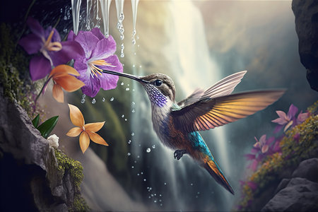 Hummingbird flying over waterfall with orchid flowers. 3d renderingの素材