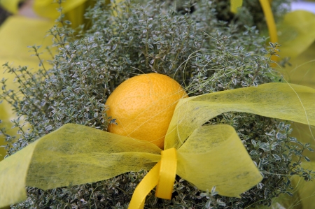 lemon thyme with lemon and yellow ribbonの写真素材