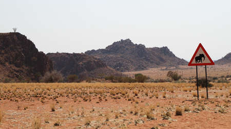 Caution  Elephants  Road sign standing beside road  Namibia  Africaの写真素材