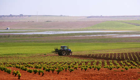 Farming tractor plowing and spraying fieldsの写真素材