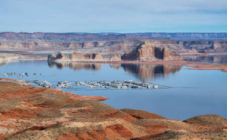 Port for white yachts on Lake Powell, Arizonaの写真素材