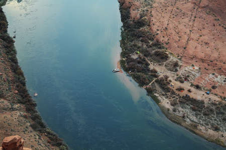 Detail of campsites from above in Horseshoe Bend, Arizonaの写真素材