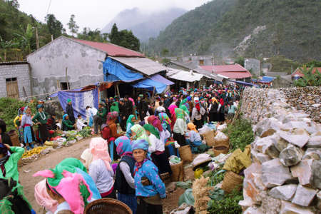 HA GIANG, VIETNAM  - DECEMBER 7: Unidentified people of diferent ethnic groups in Lung Phin market. Lung Phin market is one of the most typical hill tribe markets in Vietnam.のeditorial素材