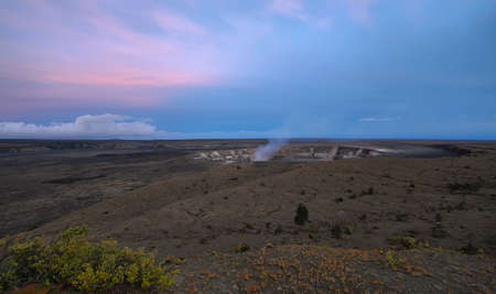 Panoramic view of active Kilauea volcano crater at night, Hawaii Volcanoes National Park, Big Islandの写真素材