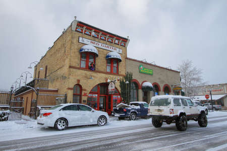 WILLIAMS, USA - DECEMBER 14: Colorful snowy street on December 14, 2012 in Williams. Williams is the gateway of Grand Canyon and the last town on historic route 66.のeditorial素材