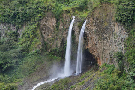 Manto de la novia (bridal veil) waterfall in Cascades route near Banos, Ecuadorの写真素材