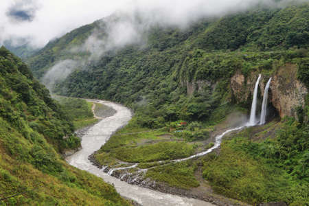 Manto de la novia (bridal veil) waterfall in Cascades route near Banos, Ecuadorの写真素材