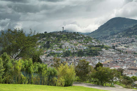 Views of El Panecillo from Itchimbia park in Quito, Ecuadorの写真素材