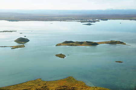 Aerial landscape lake Myvatn, Icelandの写真素材