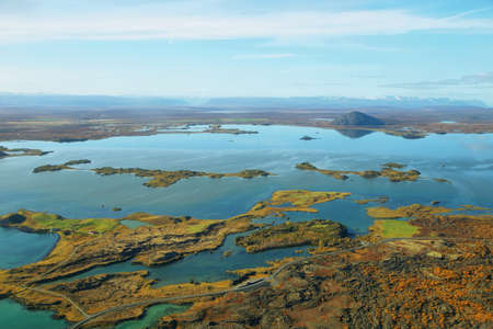 Aerial landscape lake Myvatn with fall colors, Icelandの写真素材