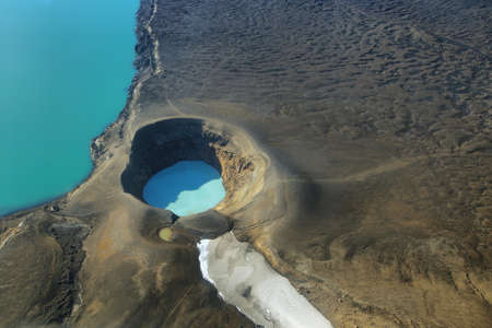 Aerial view of lake Lake Oskjuvatn and lake Viti in Askja region, Icelandの写真素材