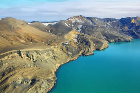 Aerial view of lake Lake Oskjuvatn and mountains in Iceland Highland regionの写真素材