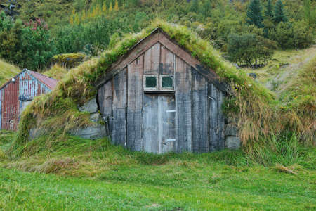 Wooden house of Nupstadur with grass on the roof in icelandのeditorial素材