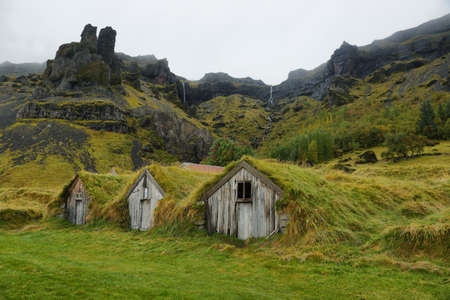Wooden houses of Nupstadur with grass on the roof in icelandのeditorial素材