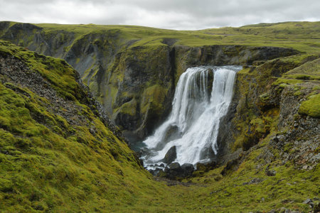 Fagrifoss waterfall in the way to Lakagigar, Iceland highlandsの写真素材
