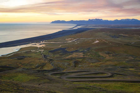 Sunrise View on Heradssandur from route 917 - Iceland. In background Heradsfloi.の写真素材