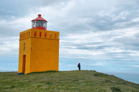 Orange lighthouse in Raudinupur, northeast of Iceland.,very close to imagine line of Polar circleの写真素材