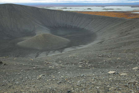 Hverfjall crater and fall colors in the background, Icelandの写真素材
