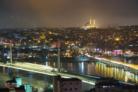 ISTANBUL - NOVEMBER 27: Views of Galata Bridge at night from Galata tower on November 27, 2014 in Istanbul, Turkeyのeditorial素材