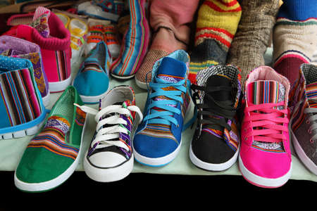 Market stall with colorful shoes in Tilcara, Jujuy province, Argentinaの写真素材