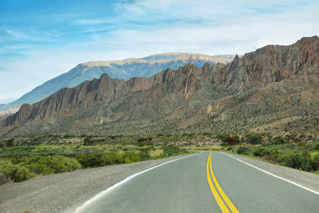 View of curious mountains  and road in "Quebrada del toro", Salta province, Argentinaの写真素材