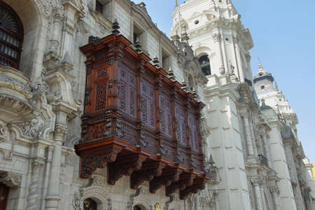 A cedar balcony in the Archbishop's Palace on the Plaza Mayor (formerly known as the Plaza de Armas) in Lima, Peruのeditorial素材
