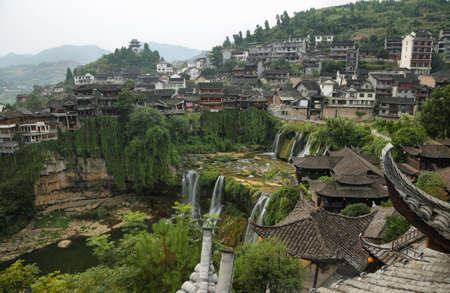 Furong (Hibiscus) ancient village and its waterfall Hunan province, China.の写真素材