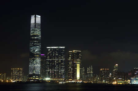 HONG KONG, CHINA - SEPTEMBER 24, 2015: Night Skyline of Kowloon peninsula with ICC building standing...