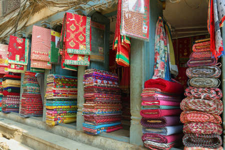 BHAKTAPUR, NEPAL - APRIL 20, 2016: Fabric store in a beautiful street of medieval town of Bhaktapur in Nepal.のeditorial素材