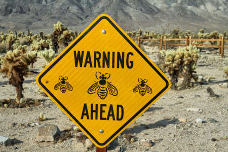Sign warning for bees in Cholla Cactus Garden in Joshua Tree National Park, Californiaの写真素材