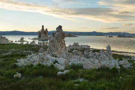 Tufa towers in Mono Lake at sunset, California, USAの写真素材