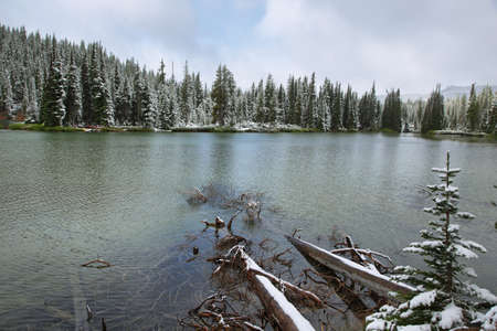 Devils lake in a snowy day on June, Oregon, USA