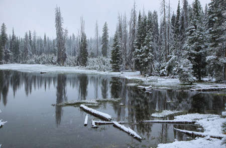 Sparks lake in a snowy day on June, Oregon, USA