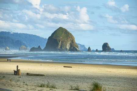 View of Cannon Beach in Oregon with Haystack Rock in the backgroundの写真素材