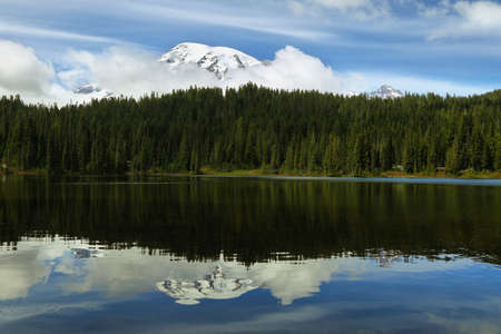 Scenic view of Mount Rainier reflected in reflection lakes, USAの写真素材