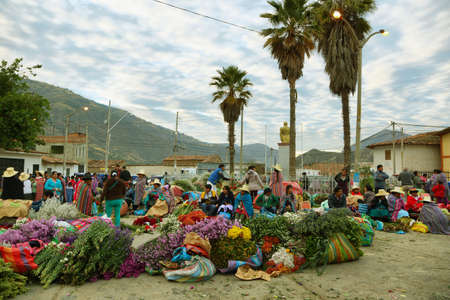 CARAZ, PERU - JUNE 7: women selling flowers in small stall in a morning flower market on June 7, 2017 in Caraz, Ancash province, Peruのeditorial素材