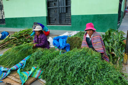 YUNGAY, PERU - JUNE 7: women selling diferent plants and herbs in small stall of Yungay market on June 7, 2017 in Yungay, Ancash province, Peruのeditorial素材