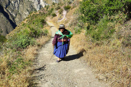 Miraflores, Peru - June 14, 2017: indigenous old woman walking in the narrow dirt trail ancient village of Huaquis in Nor Yauyos Cochas, Peruのeditorial素材