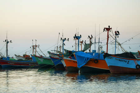 Paracas, Peru - June 15, 2017: Peruvian pelican and boats in Paracas pier at sunset in Paracas, Ica, Peruのeditorial素材