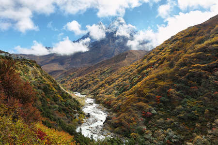 Ama Dablan peak views surrounded by autumn colors in EBC trekking in Nepalの写真素材