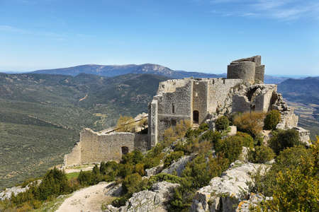 Peyrepertuse cathar castle seen from above, Franceのeditorial素材