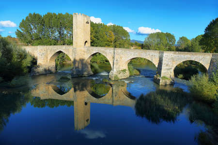 Medieval bridge over Ebro river in the ancient city of Frias, Burgos, Spain.の写真素材