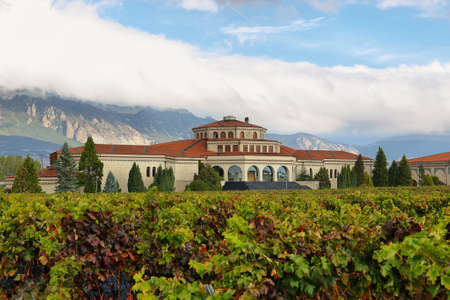 LaGuardia, Spain - October 18, 1018: Entrance to the wine cellars of La Rioja called Campillo wine cellar. The vineyards are in autumn colours with the colonial building outstanding at background.のeditorial素材