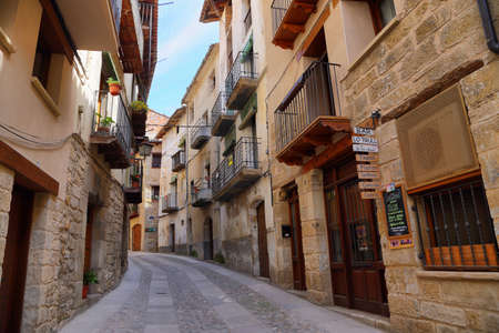 Valderrobres, Spain - April 14, 2017: medieval city of Valderrobres, one of the most beautiful towns of Spain, in Aragon, Spain. Castle of the town is seen at background.のeditorial素材