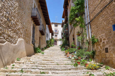 Valderrobres, Spain - April 14, 2017: medieval city of Valderrobres, one of the most beautiful towns of Spain, in Aragon, Spain. Castle of the town is seen at background.のeditorial素材